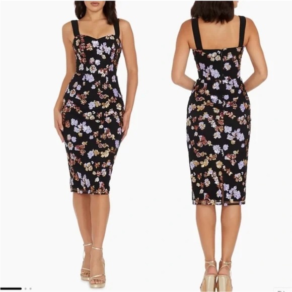 Dress the Population Black Purple Gold Bodycon Midi Dress - Picture 2 of 4